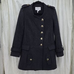 BCBG Wool Blend Military Trench Coat Grey Houndstooth  size XS